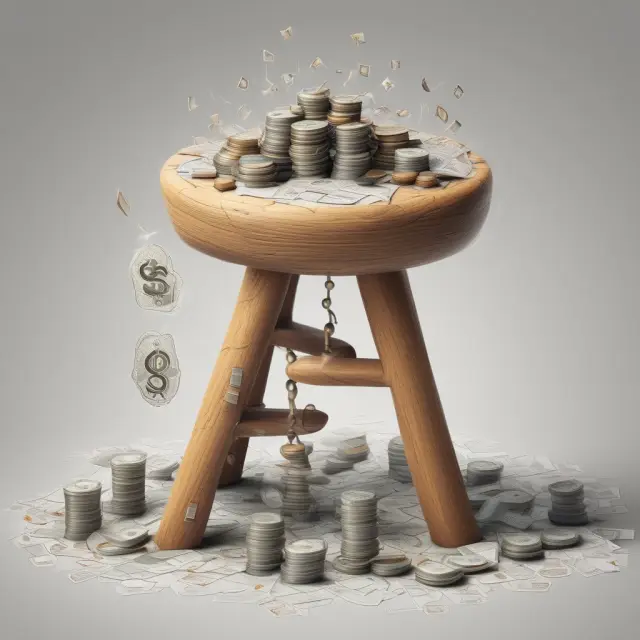 Three assets symbolizing Alphabet Inc., Apple Inc., and Amazon.com Inc., forming the legs of a three-legged stool, calculating expected returns towards financial prosperity.