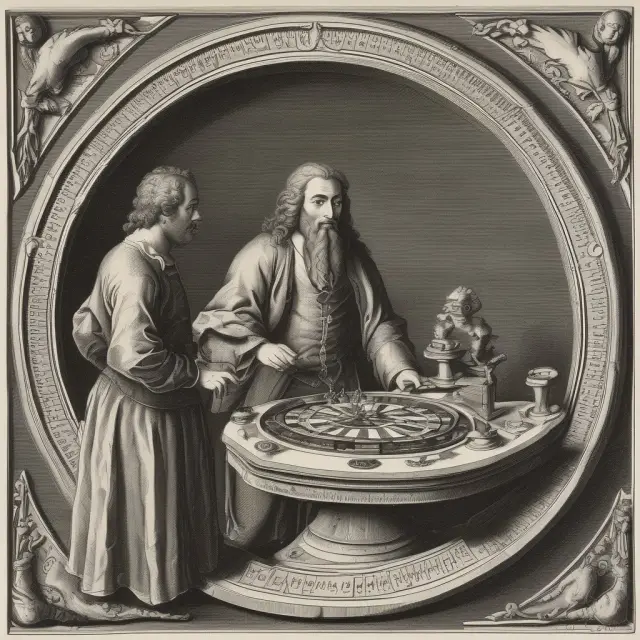 Daniel Bernoulli evaluating potential outcomes and probabilities at a roulette table, symbolizing Expected Utility Theory.
