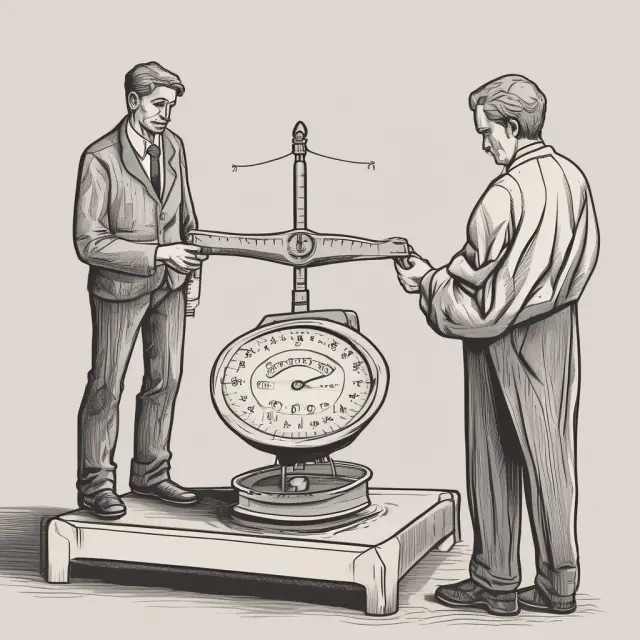 A person carefully considering utility scores as they weigh the probabilities and potential outcomes on a balanced scale