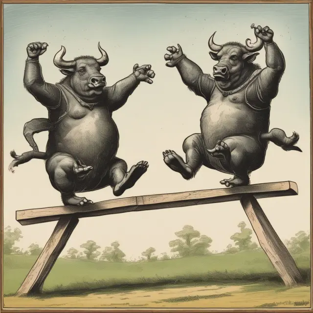 Bull and bear figures dancing on a seesaw, representing market efficiency and individual behavior under uncertainty according to expected utility theory