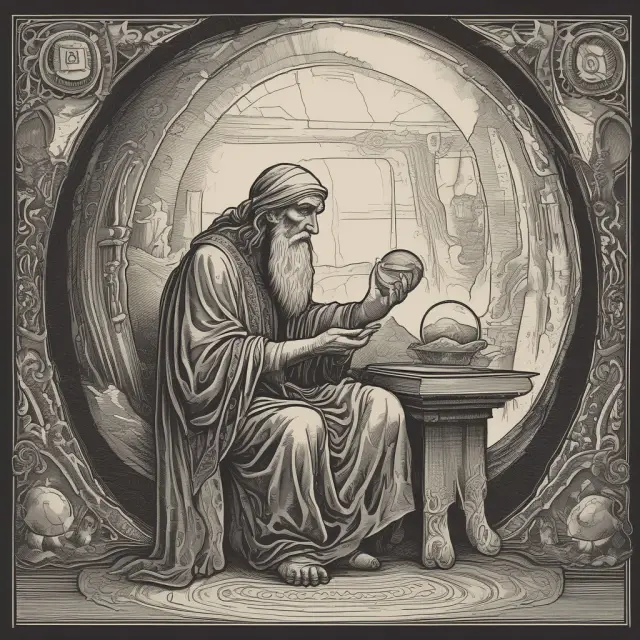 Ancient sage analyzing potential outcomes and probabilities using a crystal ball for expected utility theory