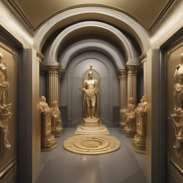 Four statues representing statutory, large deposit, new account, and exception holds guarding a gold coin vault in a bank. Understanding these rules helps optimize cash flow under EFAA.