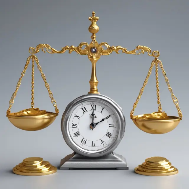 Scale with gold and silver coins representing funds under statutory hold, balanced by a clock symbolizing timeframes for availability