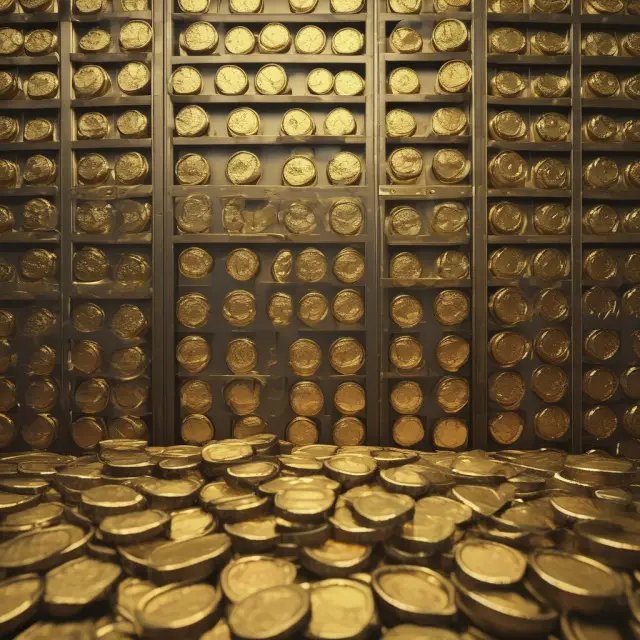 A bank vault slowly releasing gold coins on the third business day after a large deposit