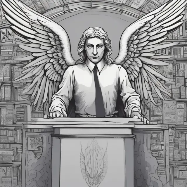 An angel figure holding a scroll labelled Regulation CC, helping perplexed bankers navigate through the complexities of EFAA fund availability rules