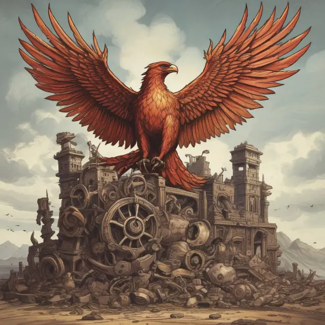 Phoenix emerging from a pile of old machinery, illustrating business investment in new equipment and facilities