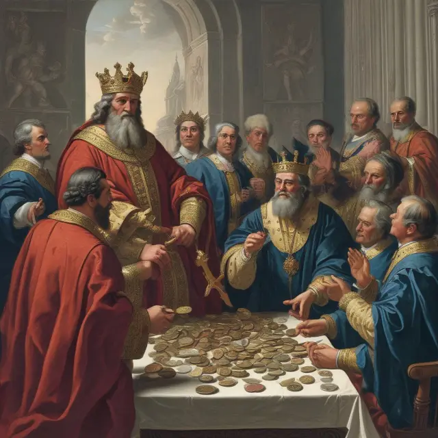 King distributes coins to citizens, representing government expenditures stimulating economic activity