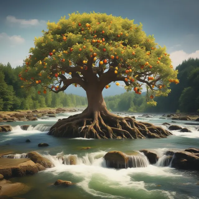 A river symbolizing operating expenses, while a mature tree illustrates capital expenses in the context of business finances.