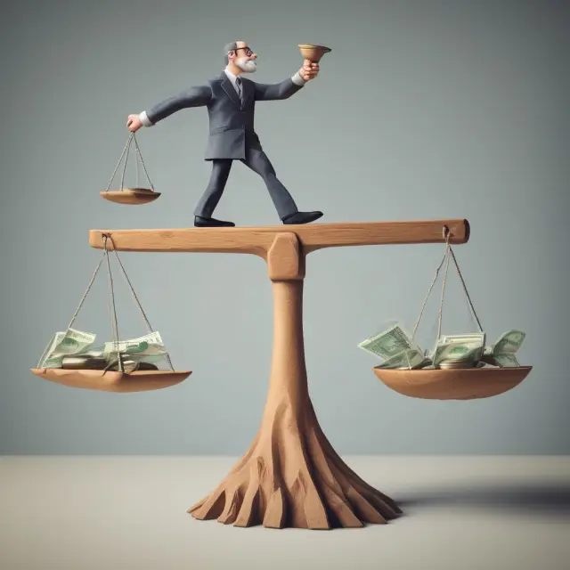 An investor deliberating over an old-fashioned scale, considering their financial gains against investment expenses represented by gold coins and weights.