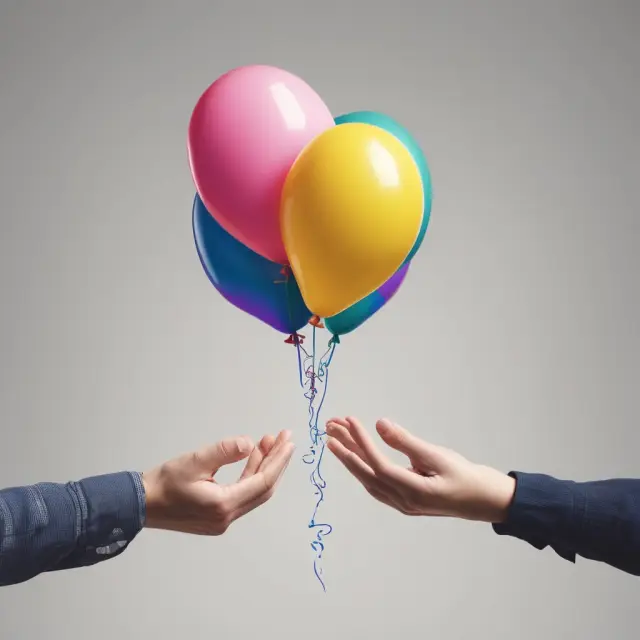 Two hands releasing balloons: one labeled 