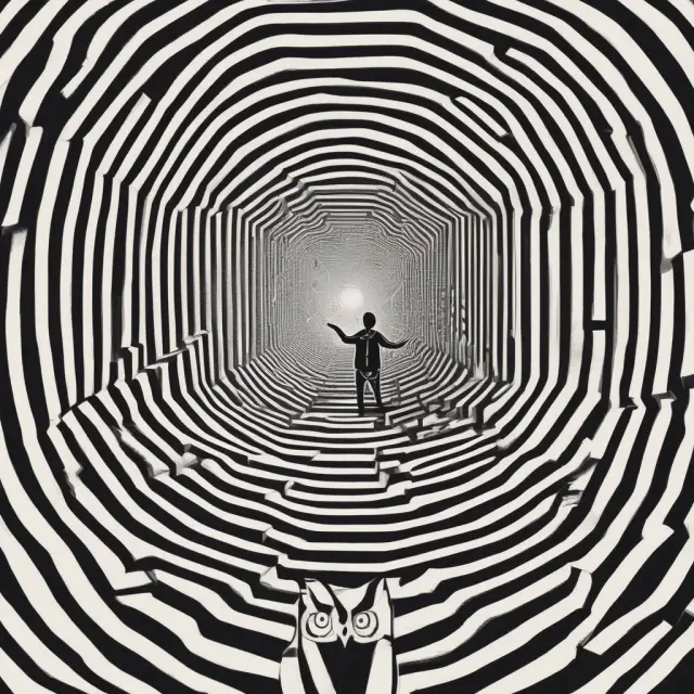 An investor examines a maze illustrating mutual fund expenses with the guidance of a wise owl