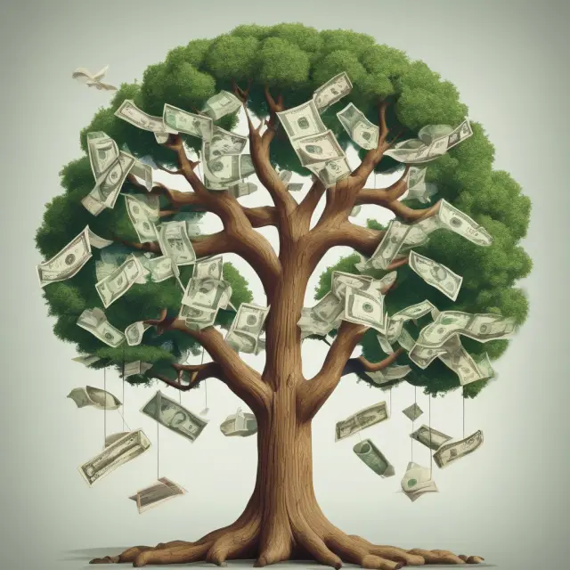 A treetop showcases the varied expense ratios among passive index funds (0.03-0.04%) and actively managed funds (0.68-1.2%).