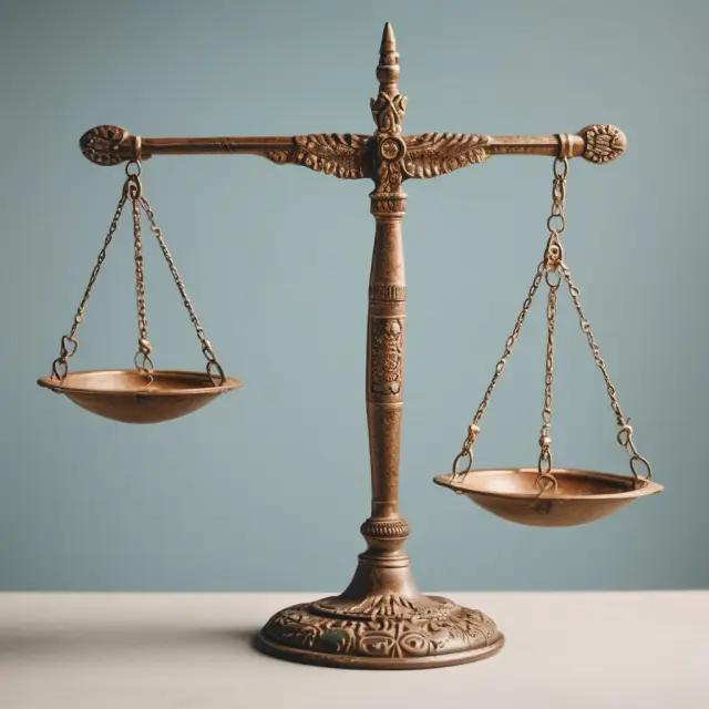 An image of an ancient scale balanced between two pans, one labeled 