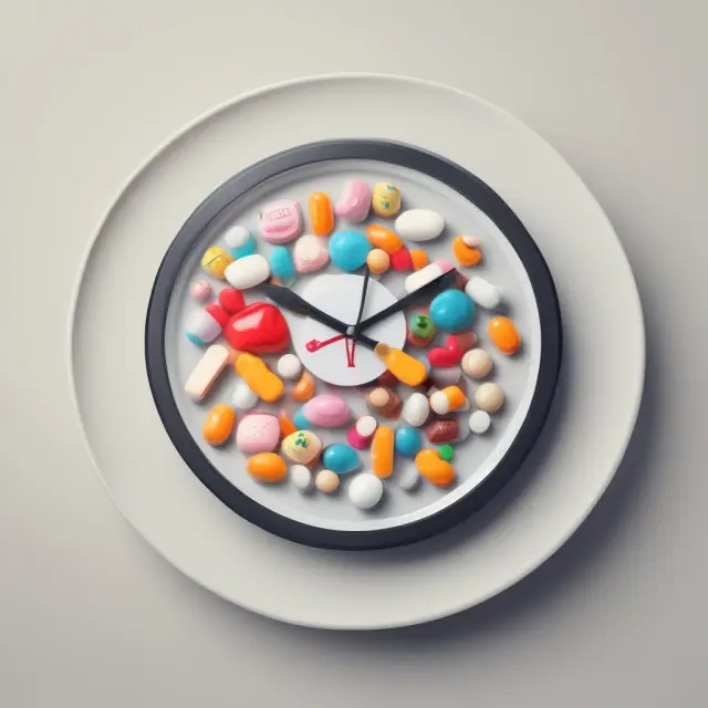 An image of an hourglass filled with sand pouring onto a plate with food items and pill bottles, emphasizing the significance of checking expiration dates for both consumables