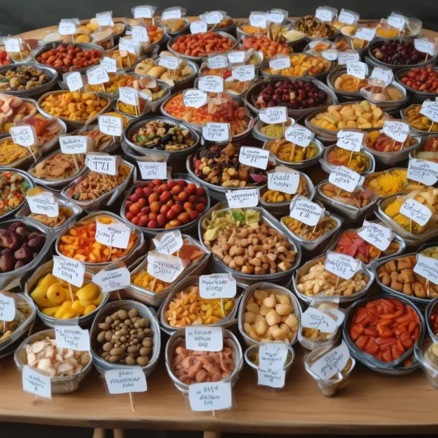 Buffet displaying variously labeled foods with sell by, use by, and best by dates