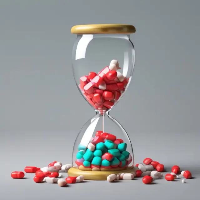 Hourglass filled with pills to illustrate the importance of adhering to medicine expiration dates