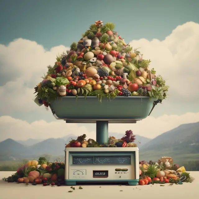 Expired food teetering atop a scale against an abundant garden, representing environmental, economic, and educational considerations