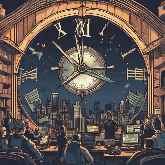 Traders working around a clock striking midnight, emphasizing the importance of timing during option contract expirations