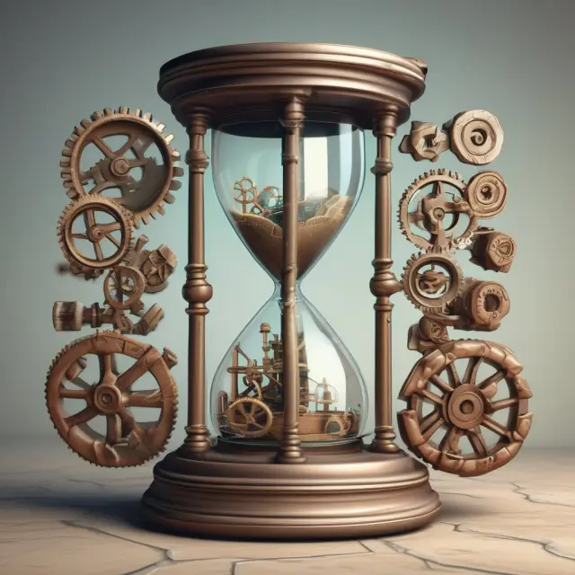 An hourglass filled with gears symbolizing various industries, highlighting the time-bound calculation of explicit costs