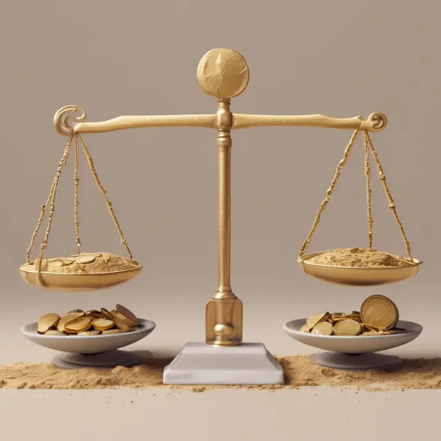 Gold scales with accounting profit on one side (gold coins) and economic profit (sand) on the other, symbolizing a comprehensive view of a company