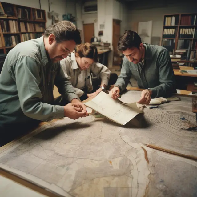 Geologists studying geological maps and analyzing seismic waves to locate potential hydrocarbon deposits