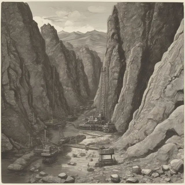 A drill bit piercing multiple rock layers to reveal an oil reservoir – Well construction and extraction.