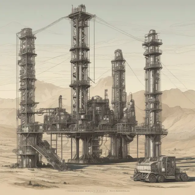A harmonious scene of eco-friendly drilling, with a regenerated landscape and wind turbines in the background, symbolizing the oil industry