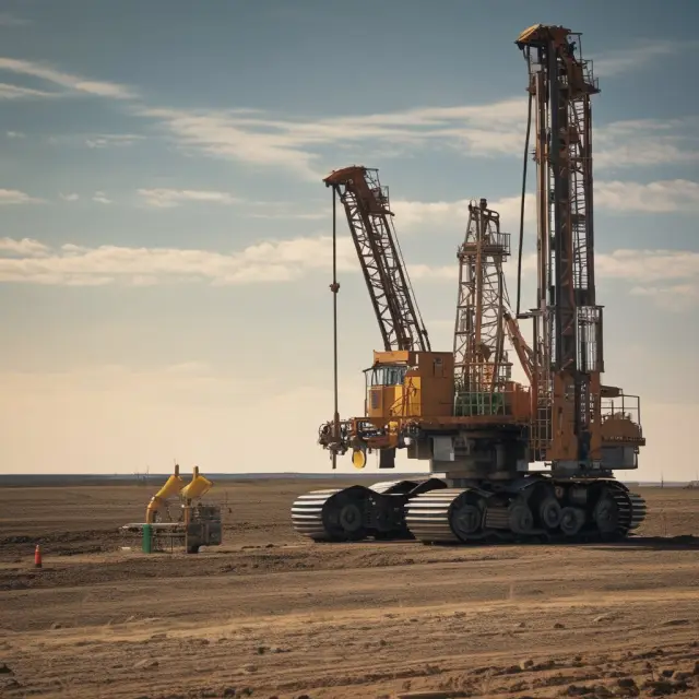 Robotic drilling rigs adopting horizontal drilling techniques, fracking innovations, and solar panels generating power alongside wind turbines