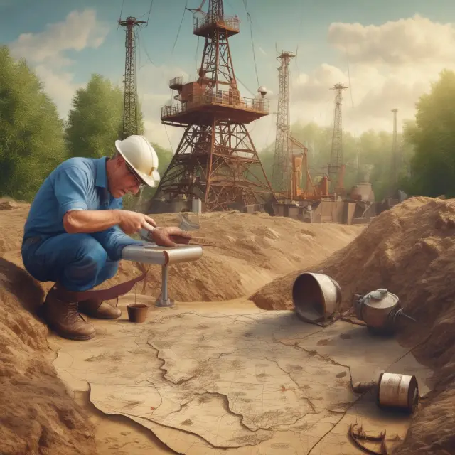 Geologist discovering oil and gas resources through exploration, symbolized by a treasure map filled with wells and pipelines