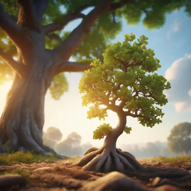 A small acorn transforms into a towering oak tree, illustrating the growth potential of compounding and exponential returns in finance