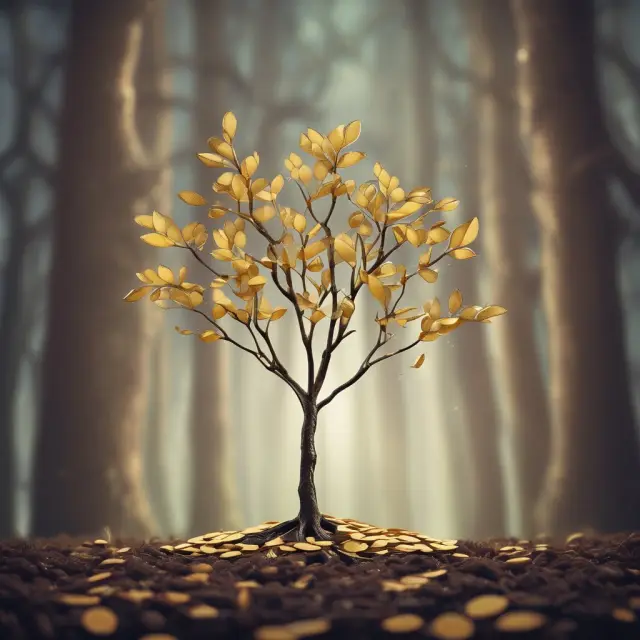 Golden tree symbolizing exponential growth through compounding, showing branches of coins growing from a seedling