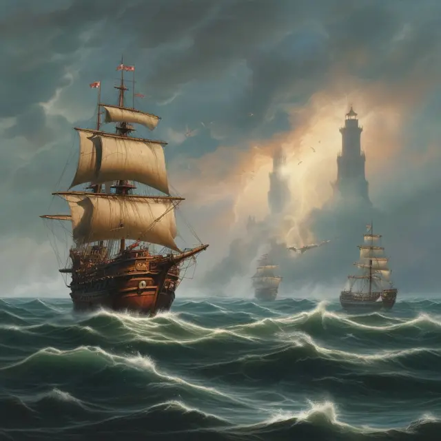An array of boats representing international trade ventures navigating rough waters, steered towards calmer seas by the guiding light of an Export Credit Agency