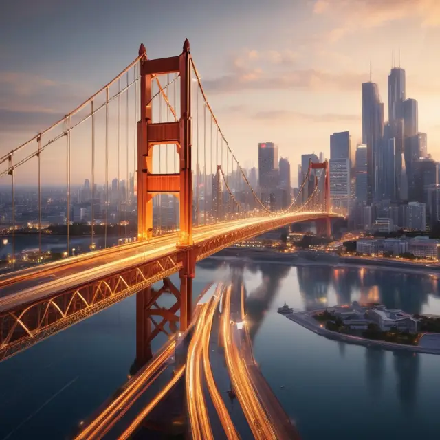 Golden bridge symbolizing an export trading company connecting a local firm to international markets, enhancing their reach and growth.