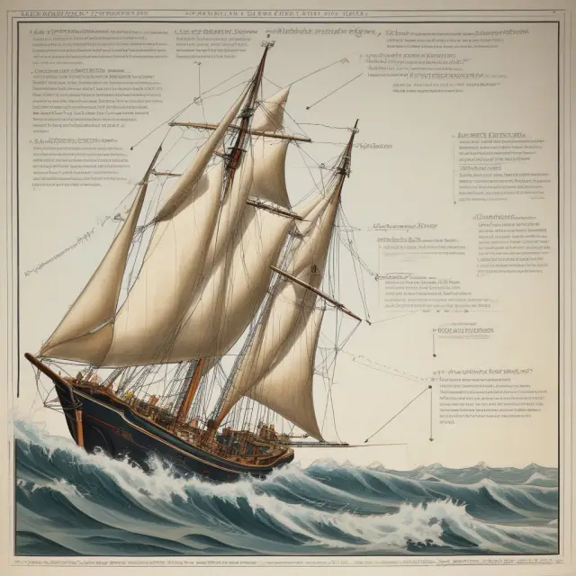 An ancient parchment scroll depicting the history of export trading companies with a sailboat sailing through economic waves and foreign markets