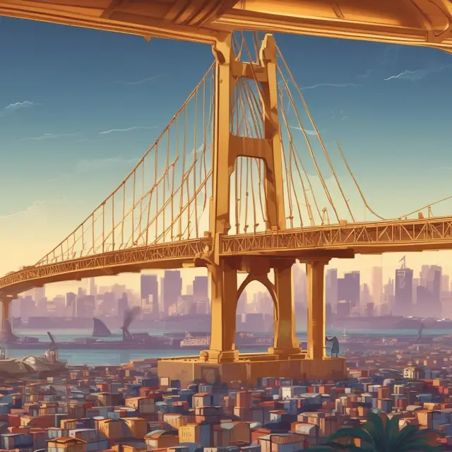 A golden bridge stretching between countries, symbolizing the exporting process and its benefits for institutional investors