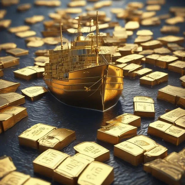 Golden ships carrying exported goods navigate a sea of fluctuating exchange rates to reach foreign markets.