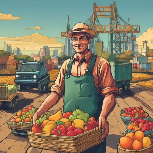 A farmer presenting ripe fruits to a bustling marketplace, with freight forwarders as connectors facilitating the global exchange through indirect exports