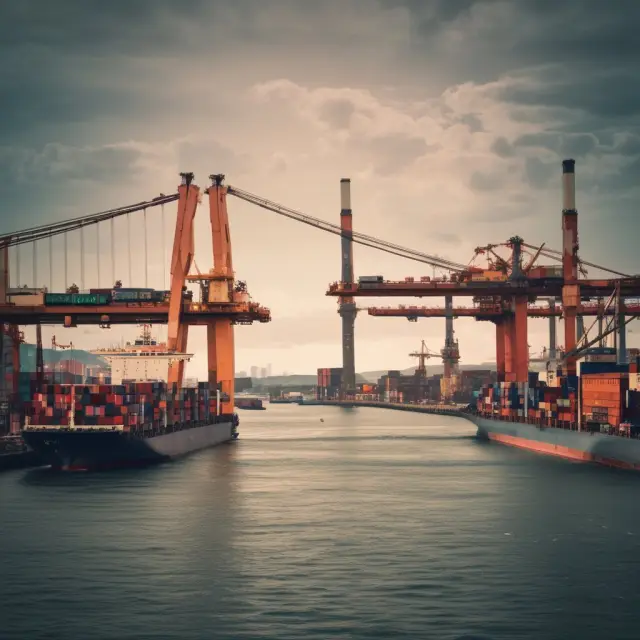 A freight forwarder acting as a bridge between interconnected ships at the harbor, representing their role in streamlining exports