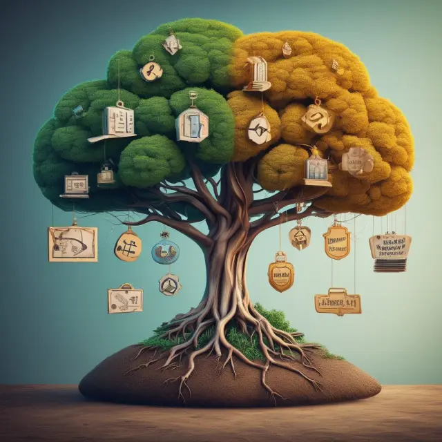 A tree representing export financing with roots symbolizing credit instruments and branches illustrating factoring, invoice discounting, and forfaiting