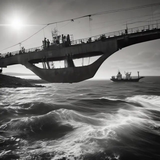 A ship navigating export regulations, with team members preparing documents in the crow