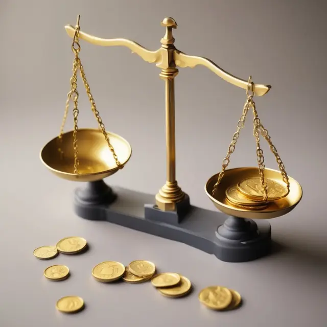 Golden scale with coins, tipping towards LGD amidst turbulent financial markets