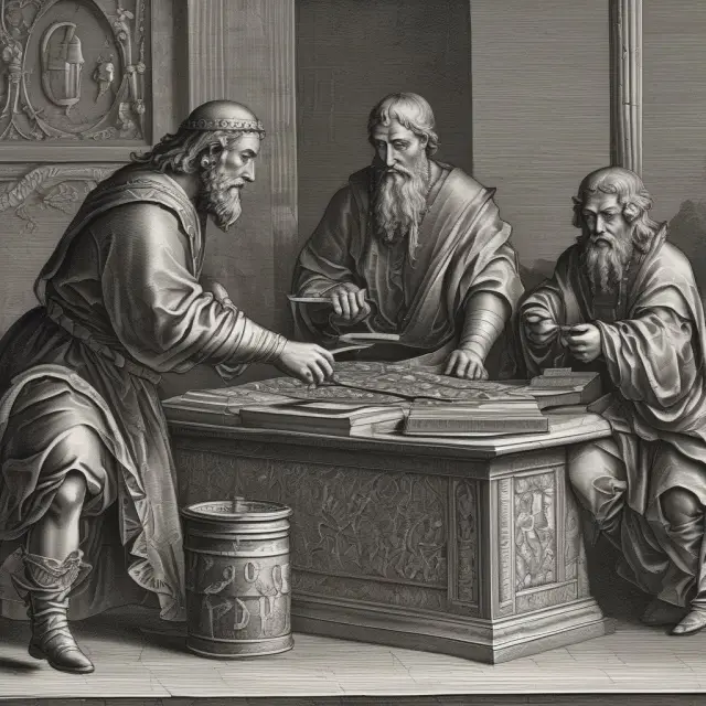 A timeline of Ancient Roman coins, medieval loan contracts, modern financial charts, and a gavel-wielding regulator illustrating the historical significance of Exposure at Default