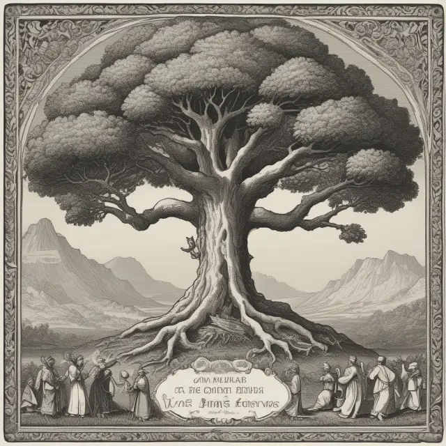 An ancient, sturdy tree symbolizing implied warranties stands between the buyer and seller. Its branches hold various products representing different deals, rooted in trust and unspoken promises.
