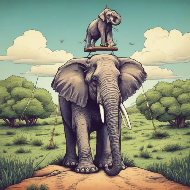 A government elephant symbolizing power wielding eminent domain over a balanced scale, representing fairness in property acquisition for public use.