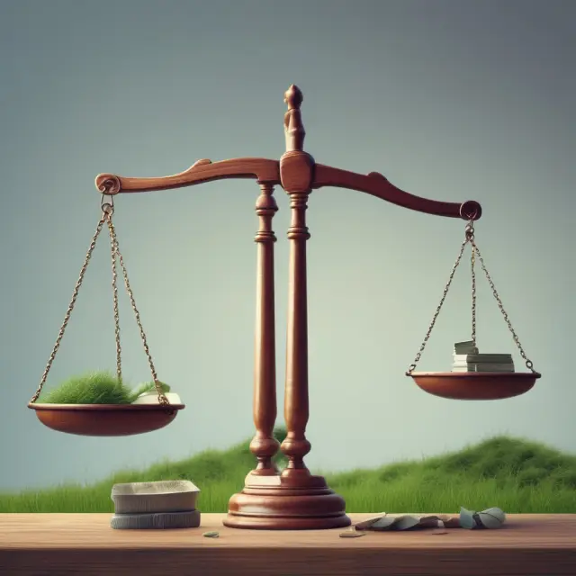 A metaphorical representation of the debate surrounding eminent domain for tax revenue purposes, depicted as a balance between property rights and government power