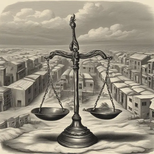 A set of scales with a balance tipping between a house (private property) and an infrastructure project (public welfare), symbolizing the complexities of eminent domain.
