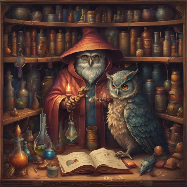Alchemist lab scene, with ingredients symbolizing research, risk management tools, clock for time management, and an owl representing wisdom