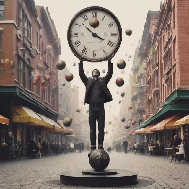 An artful juggler deftly handles various financial securities while balancing risks and rewards on a symbolic market clock, emphasizing the need for skillful risk management in extended trading.