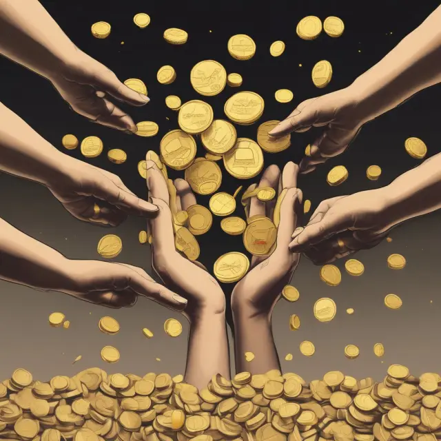 Image shows a hand-off of golden coins between borrower and lender, representing the advantages and disadvantages of external debt.