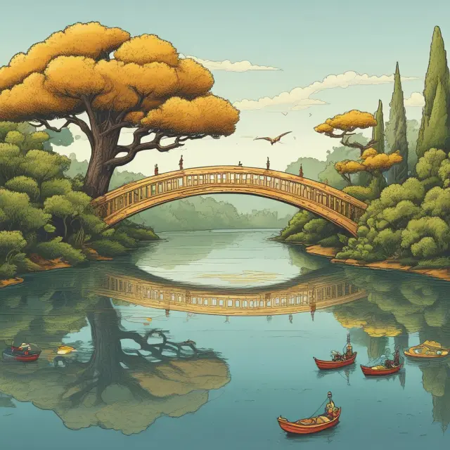 A golden bridge symbolizes external debt, connecting borrowers to foreign lenders, and an oak tree represents internal debt, anchored by domestic financing.